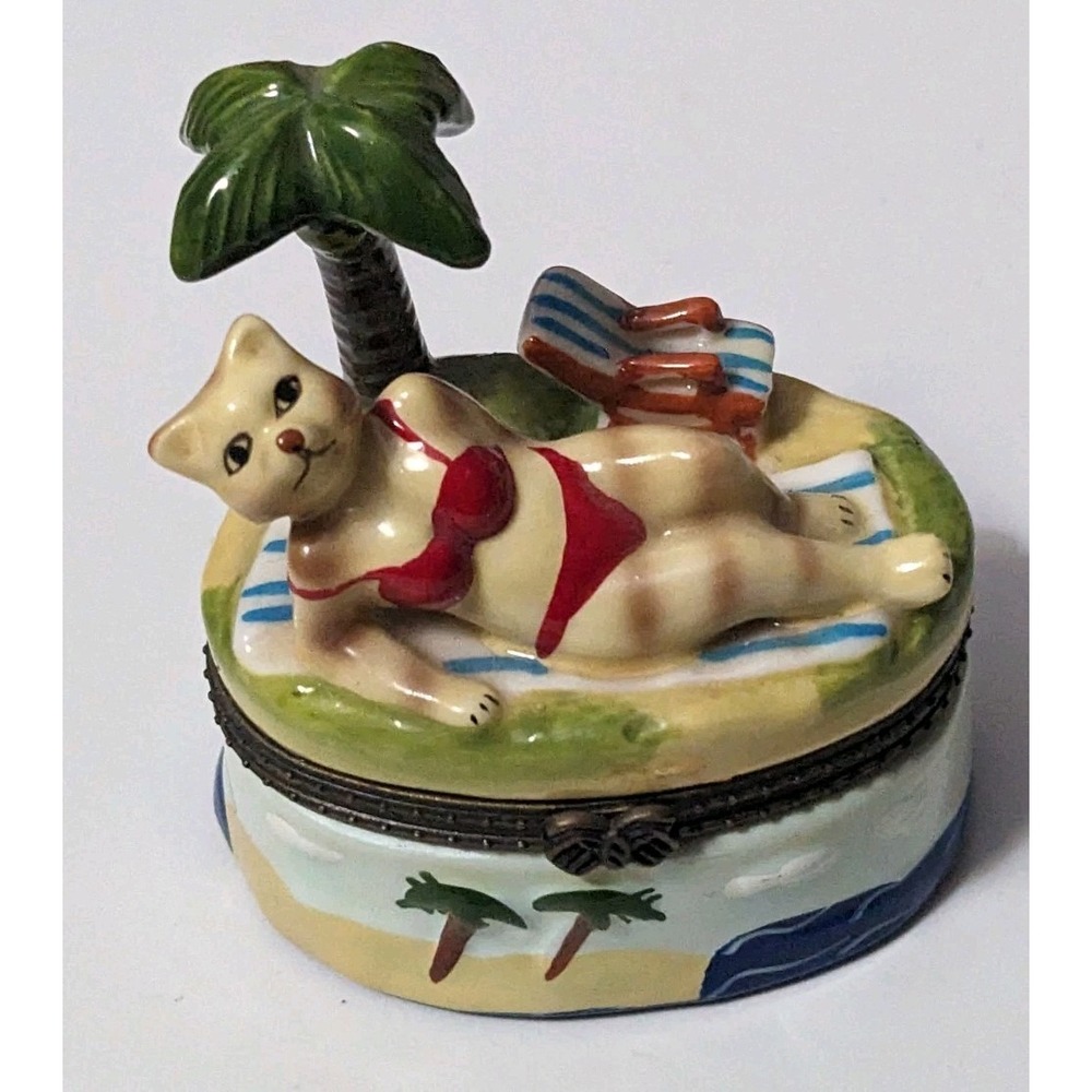 Trinket Box Cat in Red Bikini Palm Tree Beach Hinged Ceramic Sun Glasses Hat